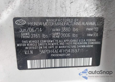 2015 Hyundai Elantra Se z USA, uszkodzony, nr VIN 5NPDH4AE4FH547697